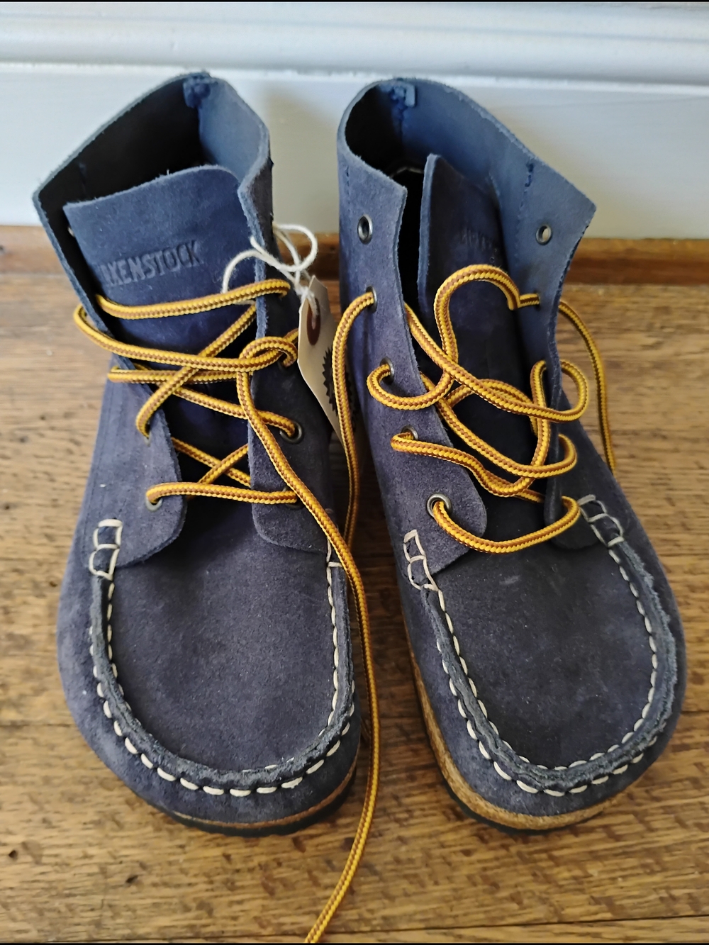 Birkenstock Navy Suede Kids Lace-Up Boots with Yellow Laces
